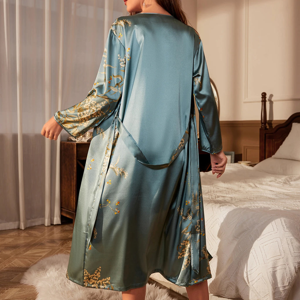 Light blue satin belted robe with cherry floral print - back view showing waist belt