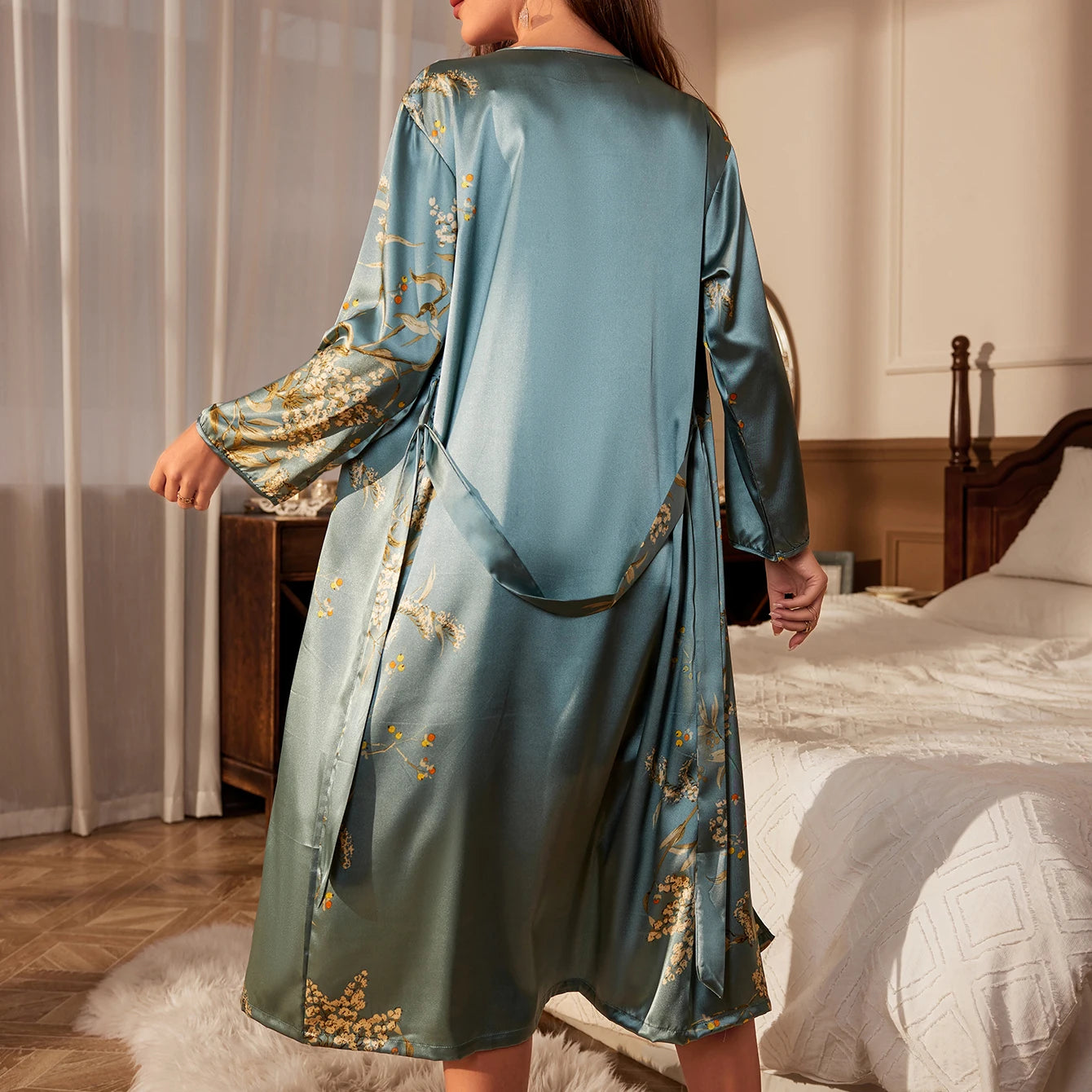 Light blue satin belted robe with cherry floral print - back view showing waist belt