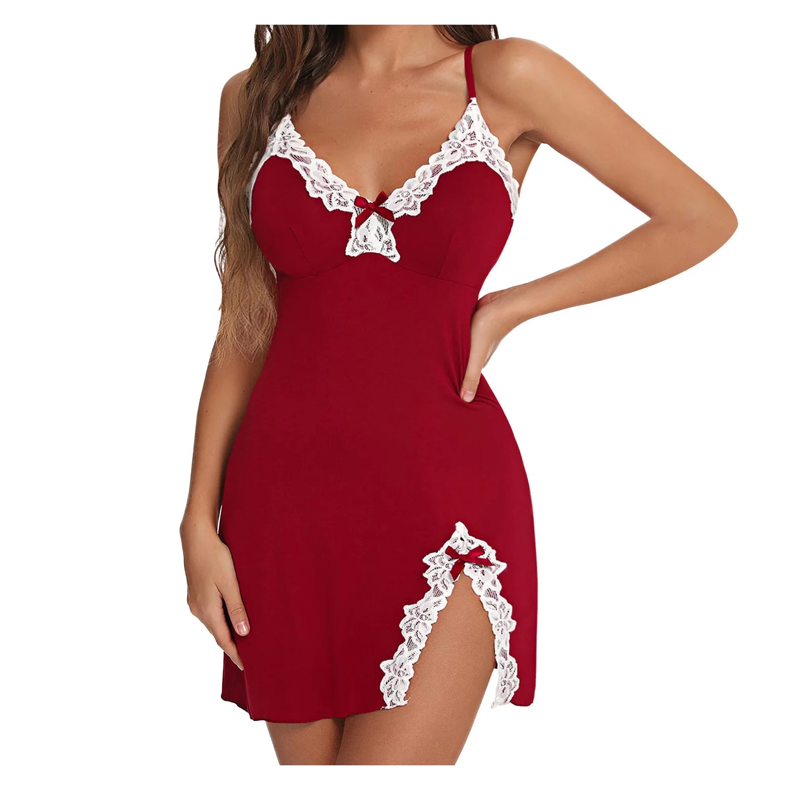 Red sexy sleepwear V-neck nightgown with white lace detail
