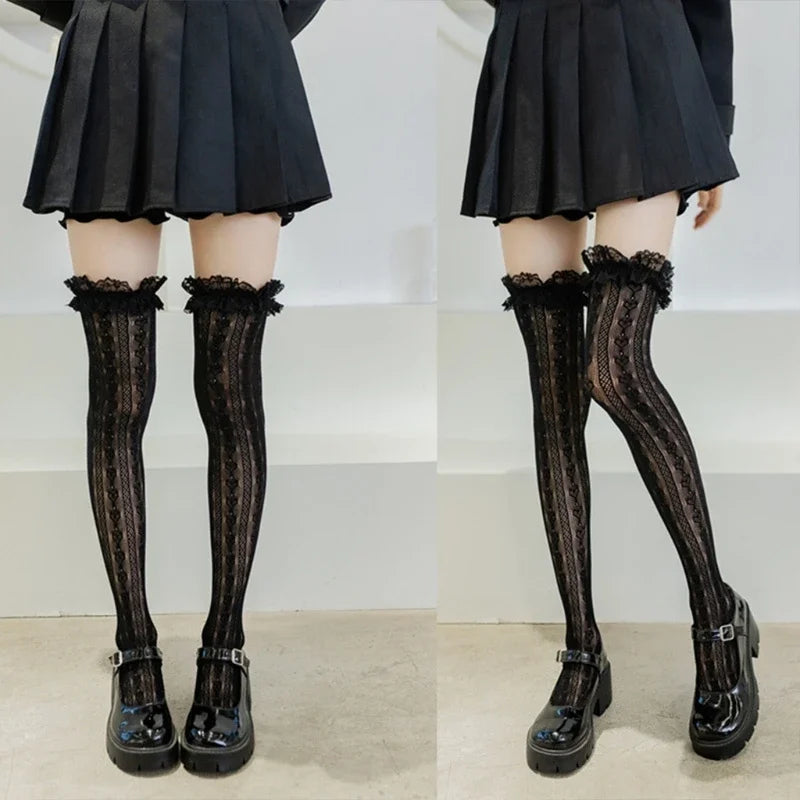 Black frilly thigh-high socks worn with pleated skirt and Mary Jane shoes