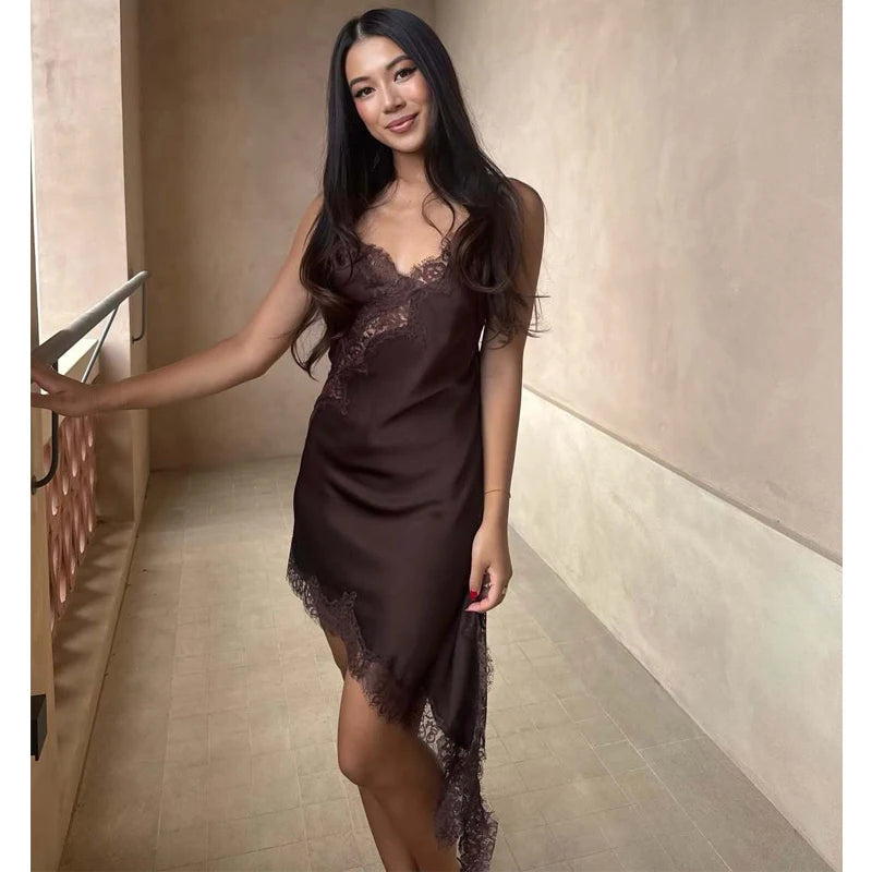 Satin slip dress with lace trim, full length view