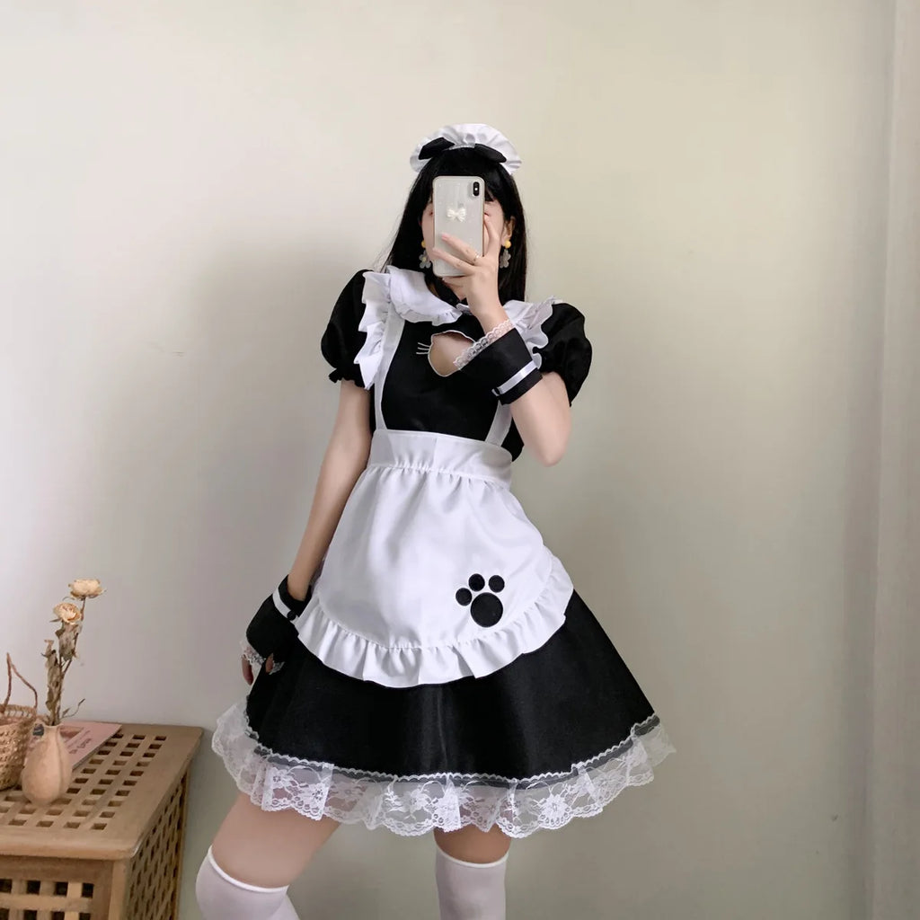 French maid black cat costume full body standing - gothic lolita dress - SpicyAccessoires