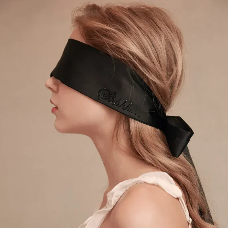 Luxury satin silk blindfold black side profile - elegant boudoir - SpicyAccessoires