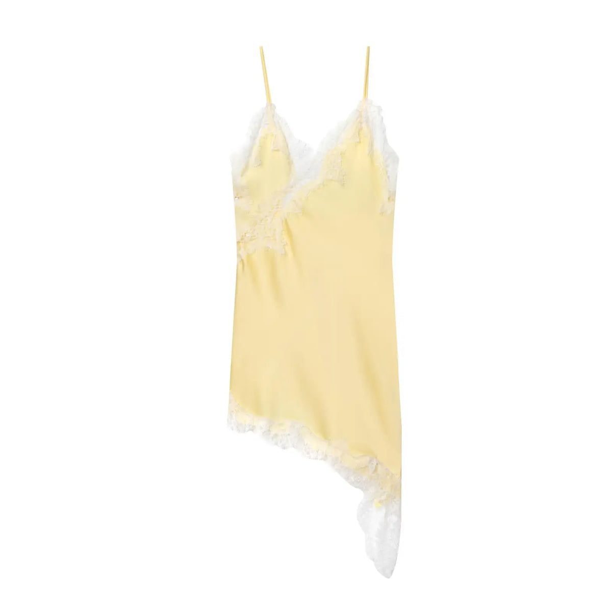 Yellow satin lace slip dress, flat lay