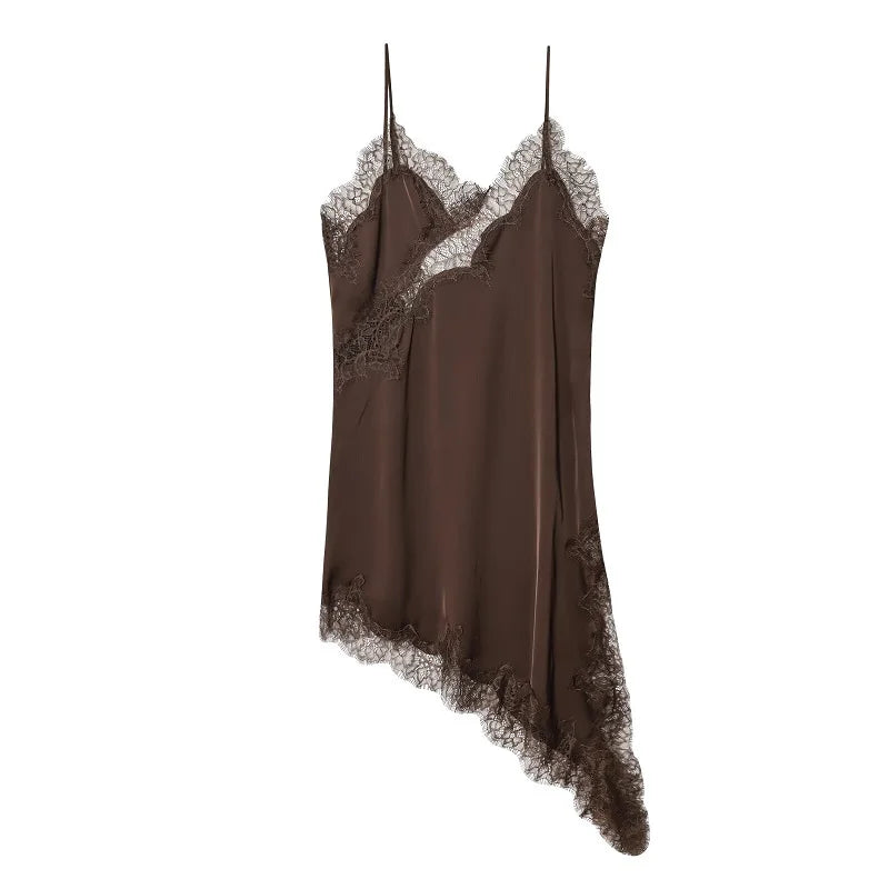 Brown satin lace slip dress, flat lay