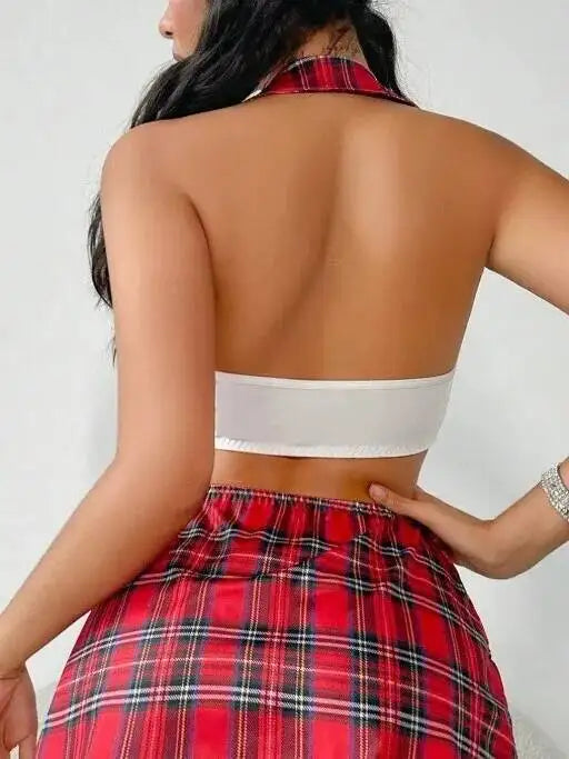 Schoolgirl costume set back view - backless lace crop top - SpicyAccessoires