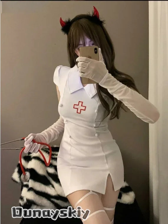 Devil nurse costume white version mirror selfie - sexy halloween outfit - SpicyAccessoires