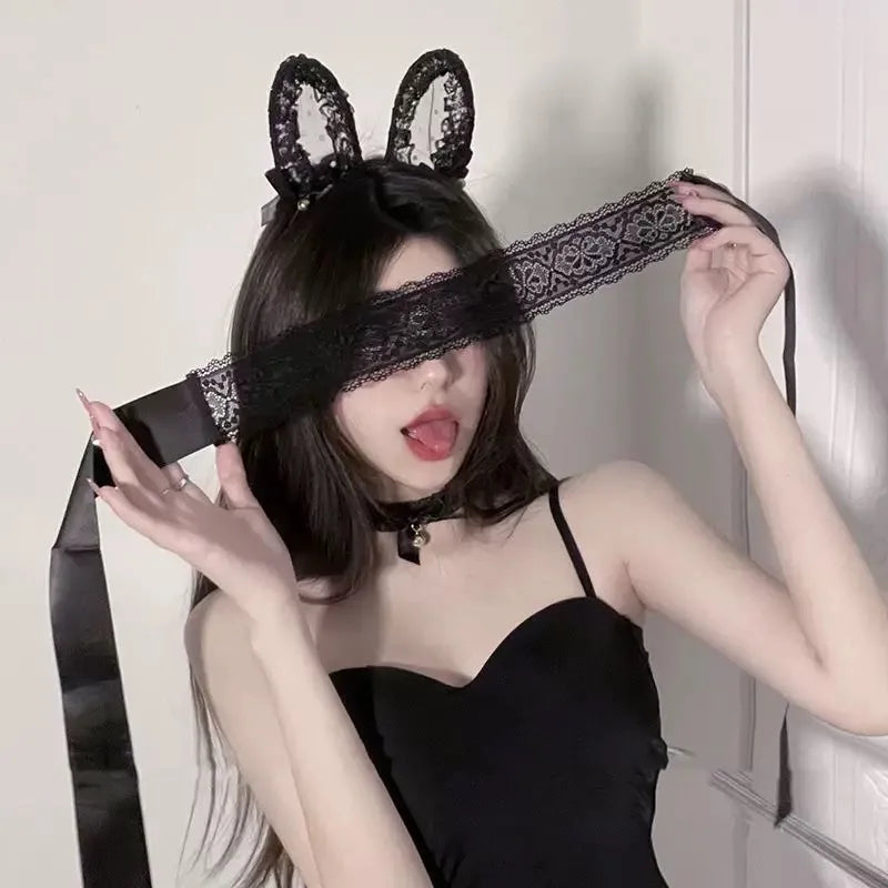 Sexy lace blindfold black with wolf ears - gothic boudoir - SpicyAccessoires