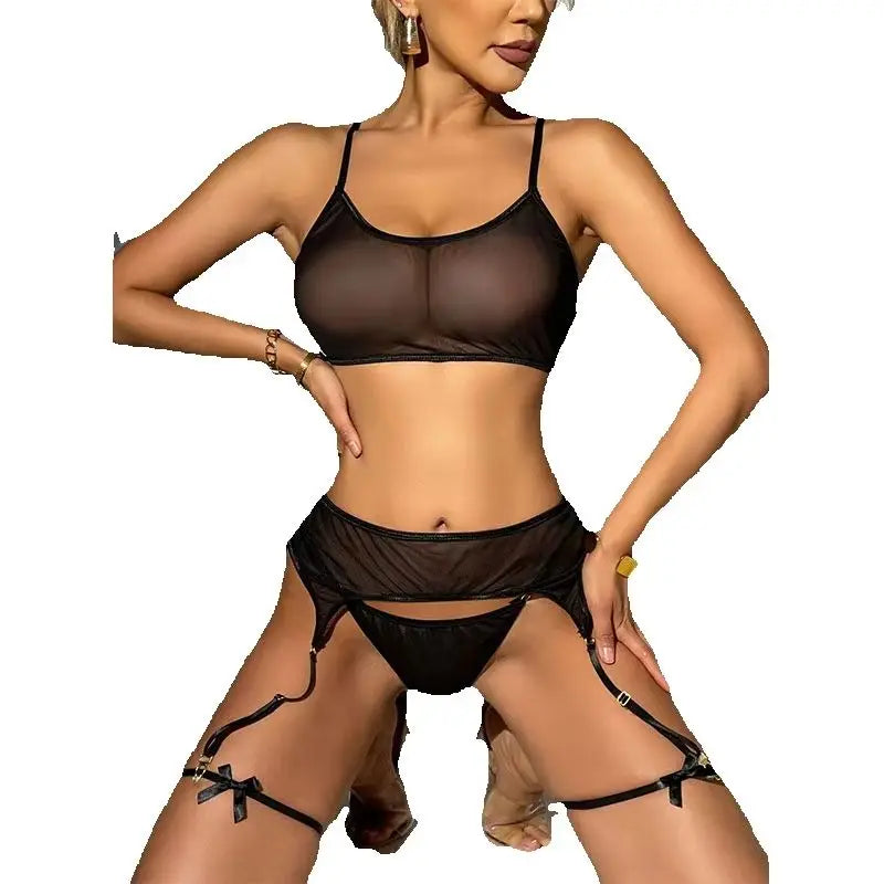 Transparent lace lingerie set black - bra thong and garters - SpicyAccessoires