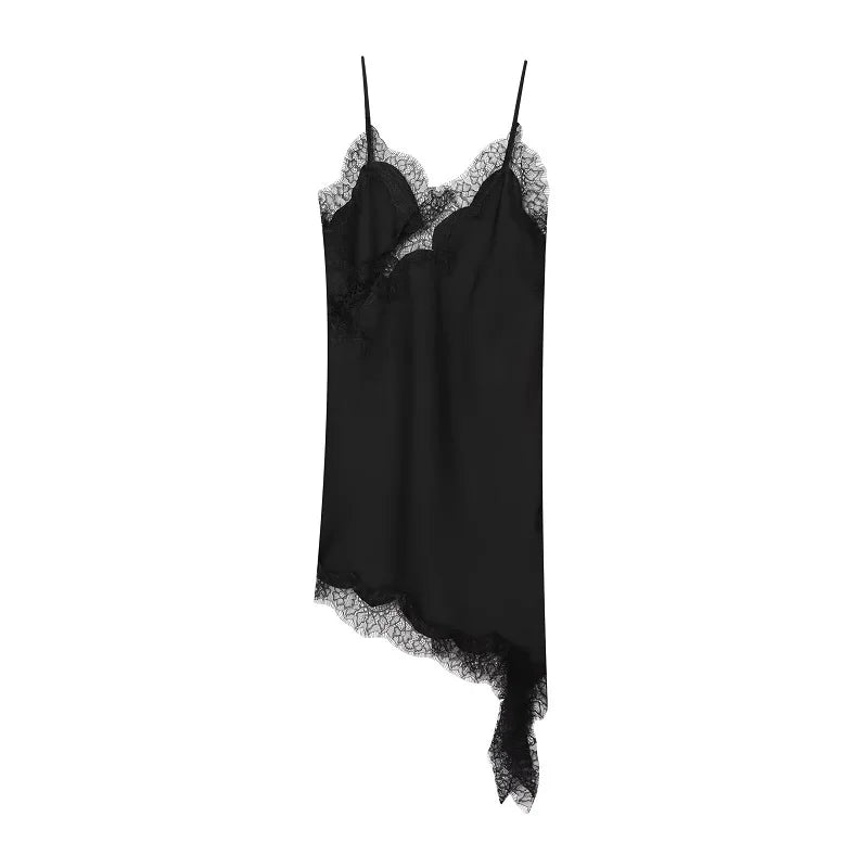 Black satin lace slip dress, flat lay