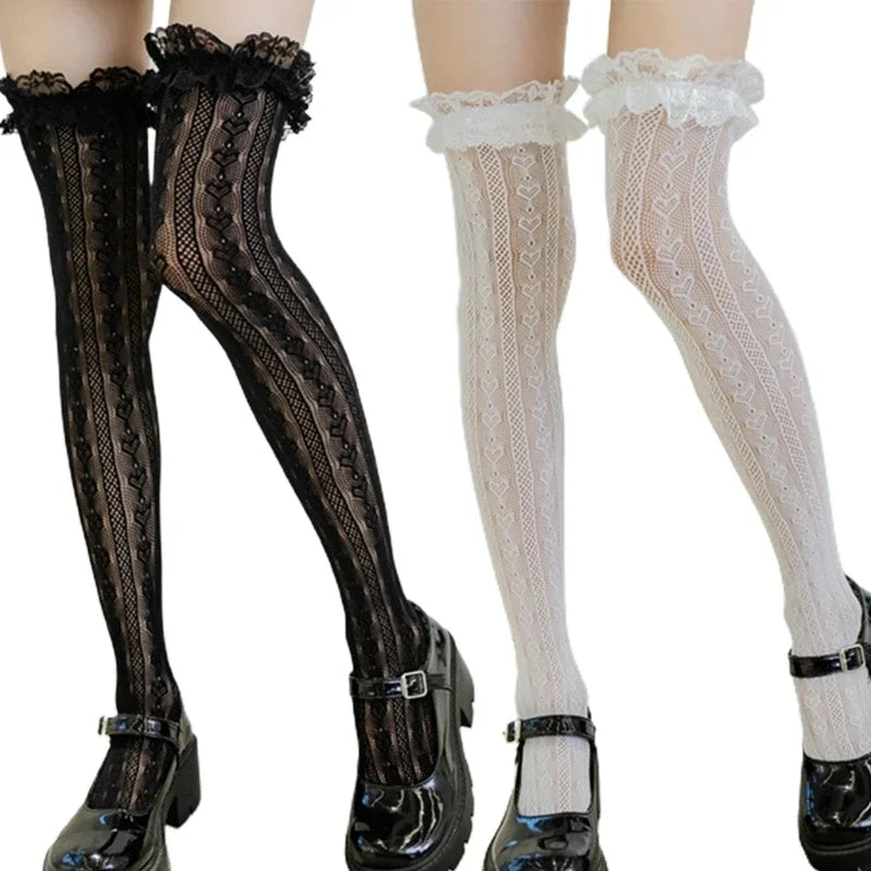 Black and white frilly fishnet thigh-high socks with lace trim comparison
