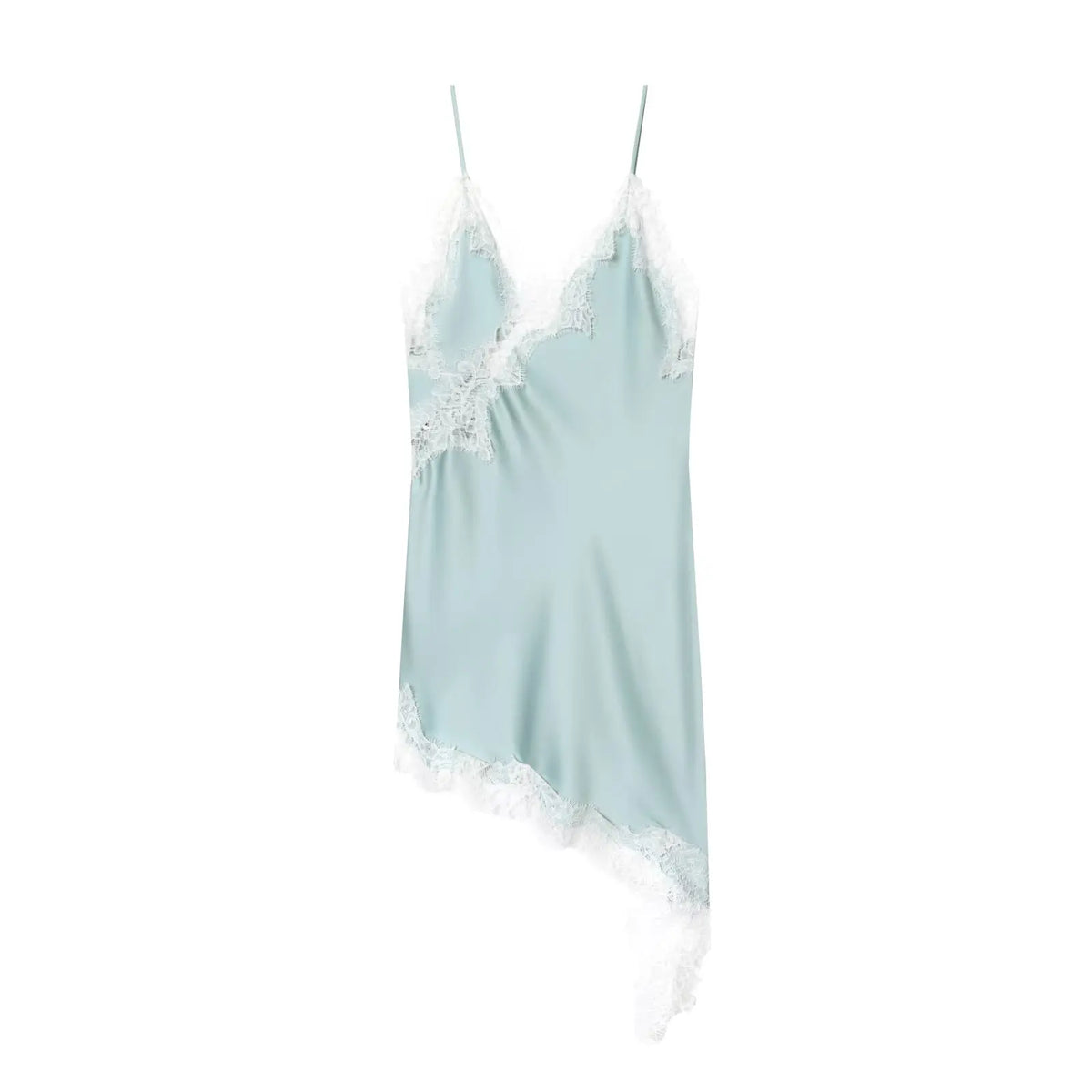 Sky blue satin lace slip dress, flat lay