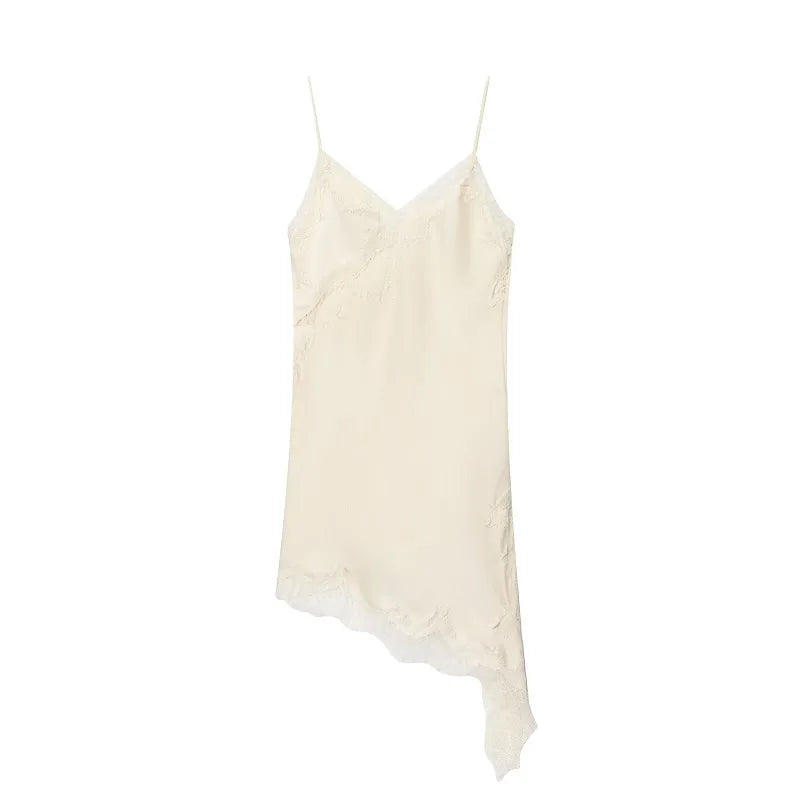 Beige satin lace slip dress, flat lay