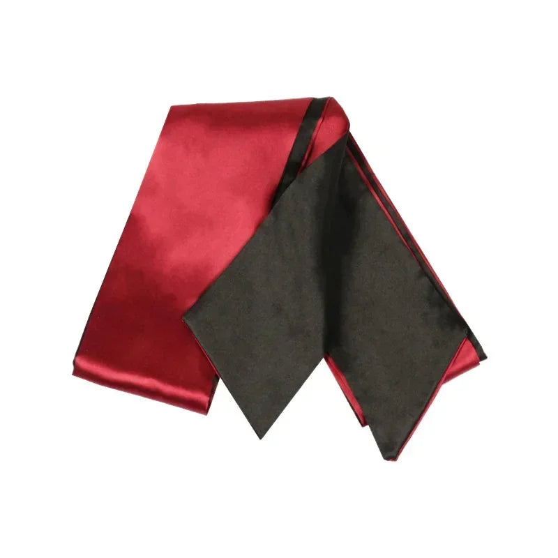 Luxury satin silk blindfold red and black flat lay - SpicyAccessoires