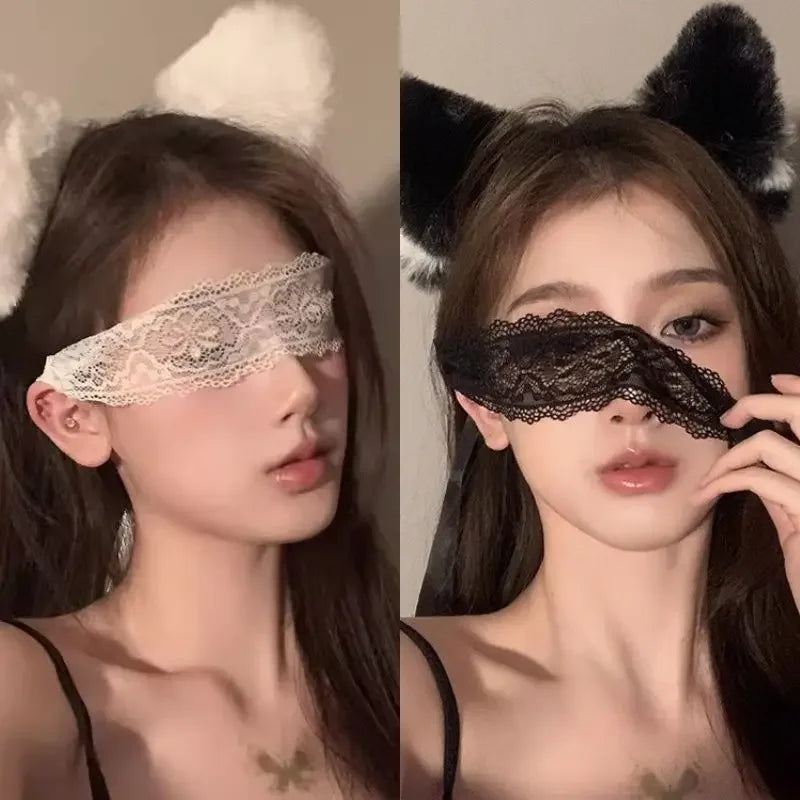 Sexy lace blindfold set black and white with cat ears - cosplay accessory - SpicyAccessoires