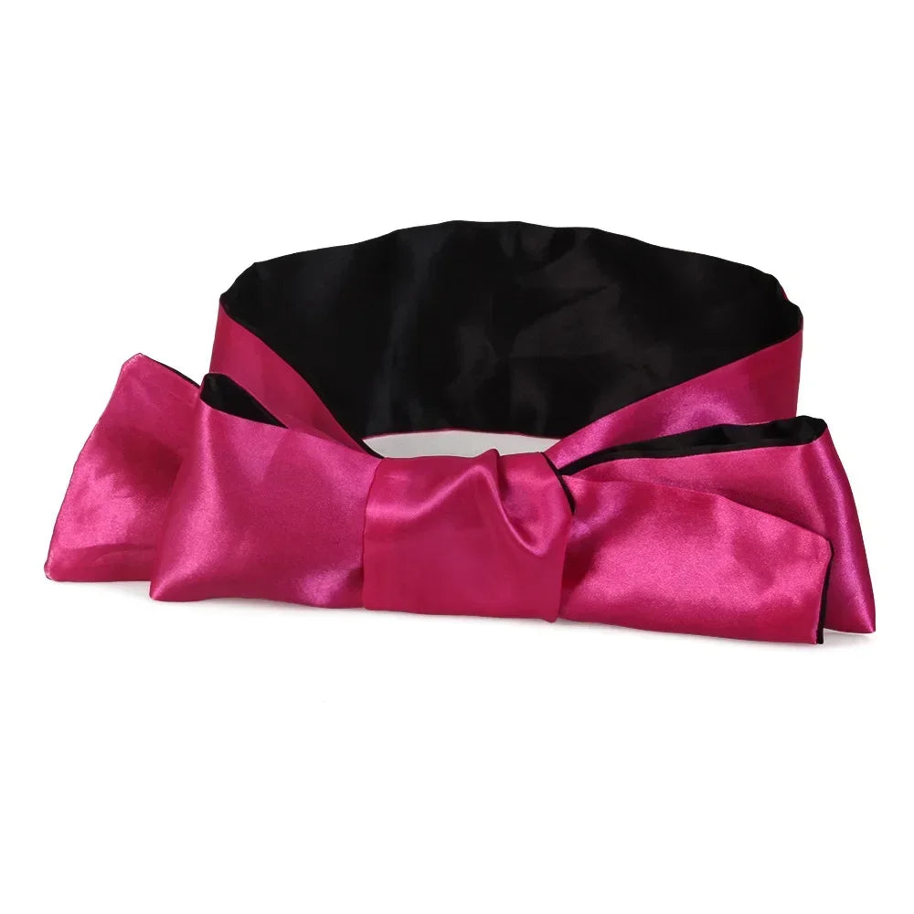 Luxury satin silk blindfold rose and black flat lay - SpicyAccessoires