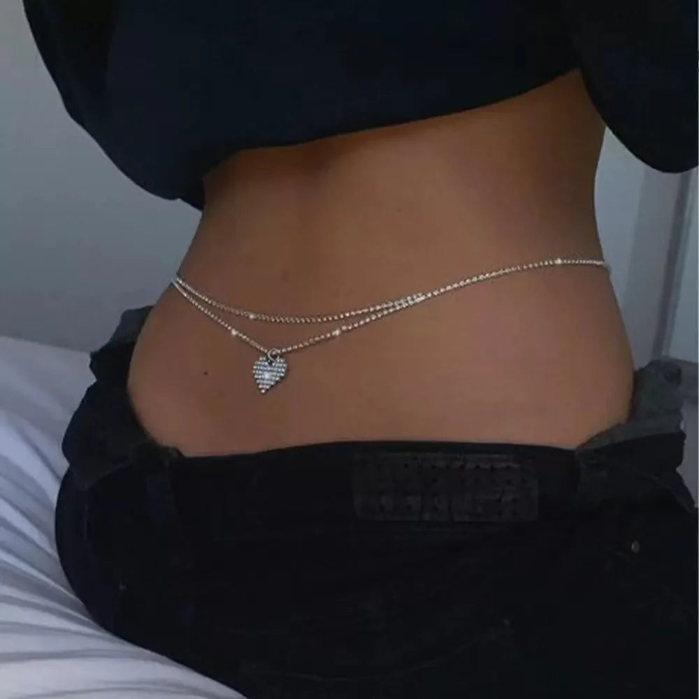 Double Layer Heart Rhinestone Body Chain - Elegant Boudoir Waist Jewelry - Women's Fashion Accessory